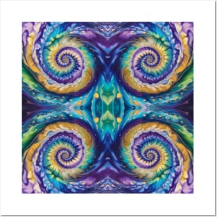 Tie Dye Geometric Pattern in Purples, Blues, Greens and Gold Posters and Art